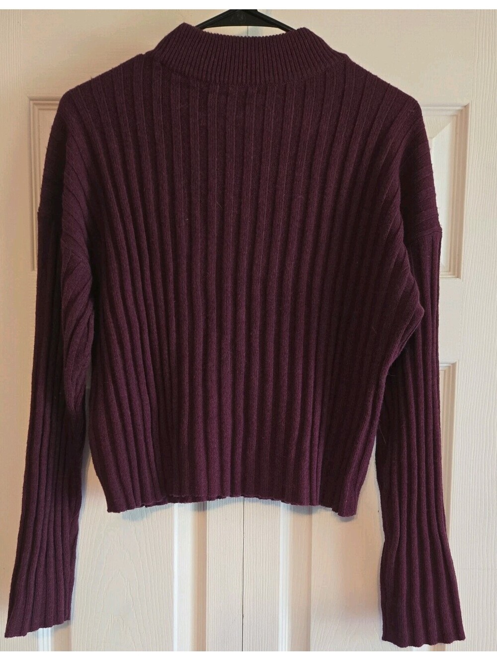 Madewell crop Purple Rib Knit Pullover Sweater mock neck Sz L wool blend